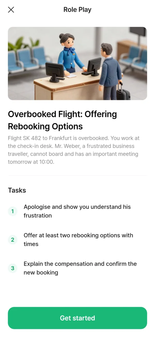 Example role-play brief: Overbooked Flight, Offering Rebooking Options, with the situation at the check-in desk and three tasks to complete.