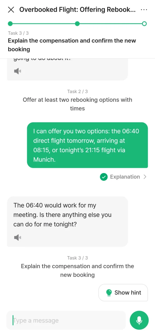 Example role-play chat: the learner offers two rebooking options, an Explanation link sits under the reply, and a Show hint button is above the message box.