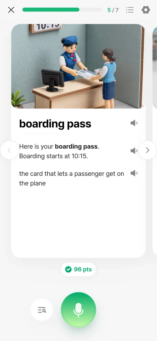 Example vocabulary card: boarding pass, with the sentence &ldquo;Here is your boarding pass. Boarding starts at 10:15.&rdquo;, a definition, and a microphone button.
