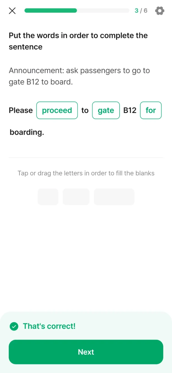 Example word-order exercise: the announcement &ldquo;Please proceed to gate B12 for boarding.&rdquo; built by placing the words in order.