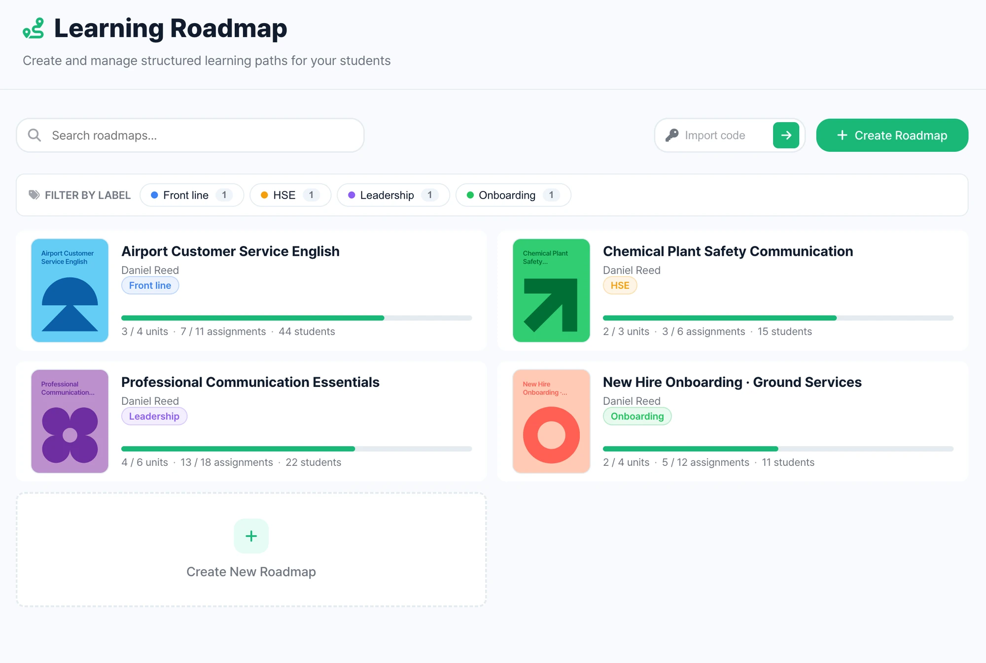 Learning Roadmap screen with four roadmap cards labelled Front line, HSE, Leadership and Onboarding.