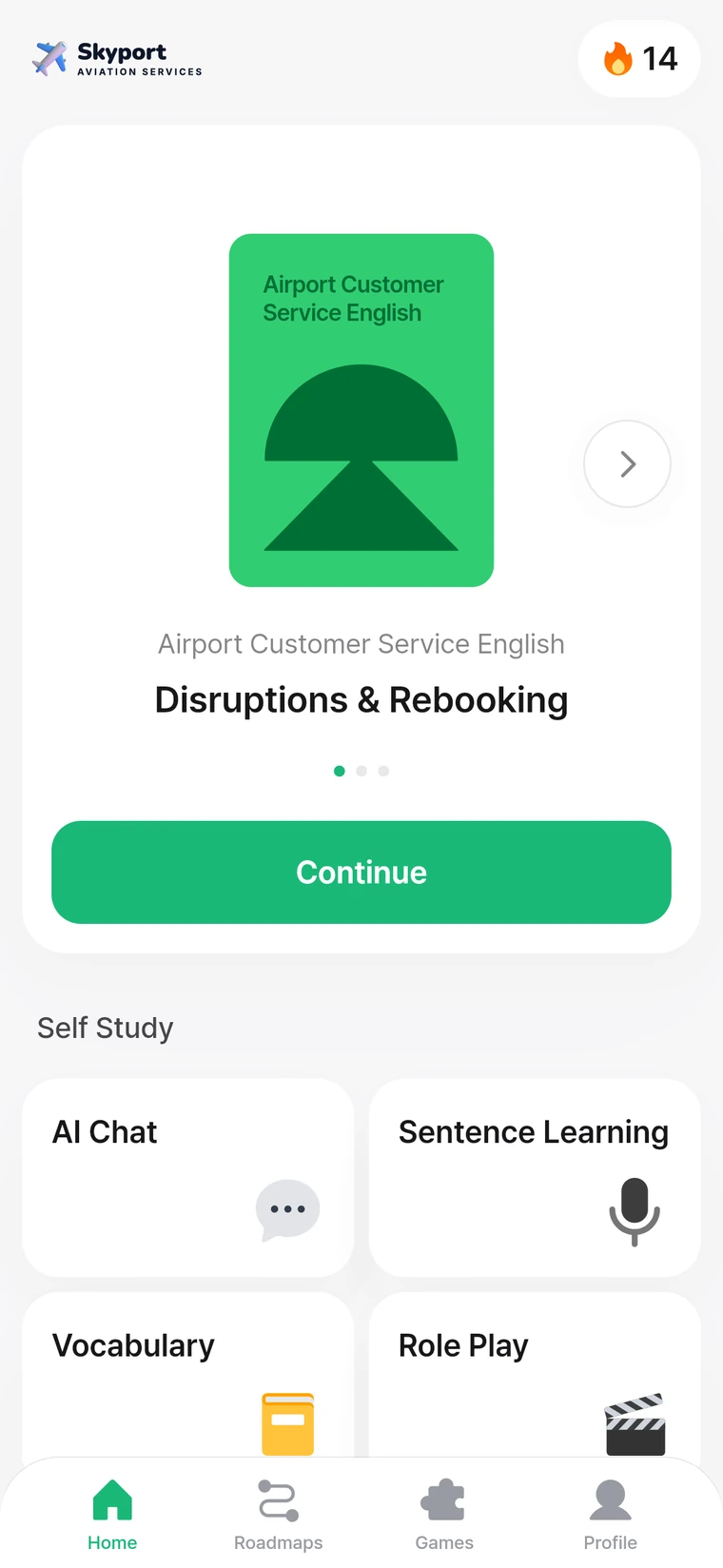 The app home: the Skyport course and self-study tiles for AI Chat, Sentence Learning, Vocabulary and Role Play.