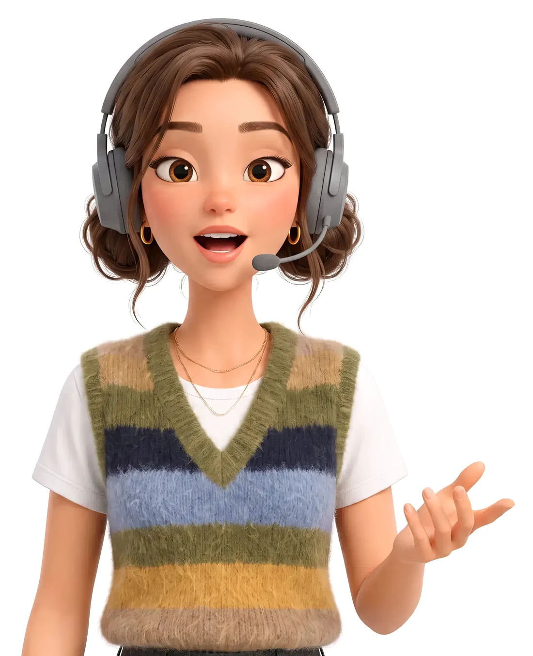 An AvoLingo tutor in a headset, smiling and gesturing as if explaining something.
