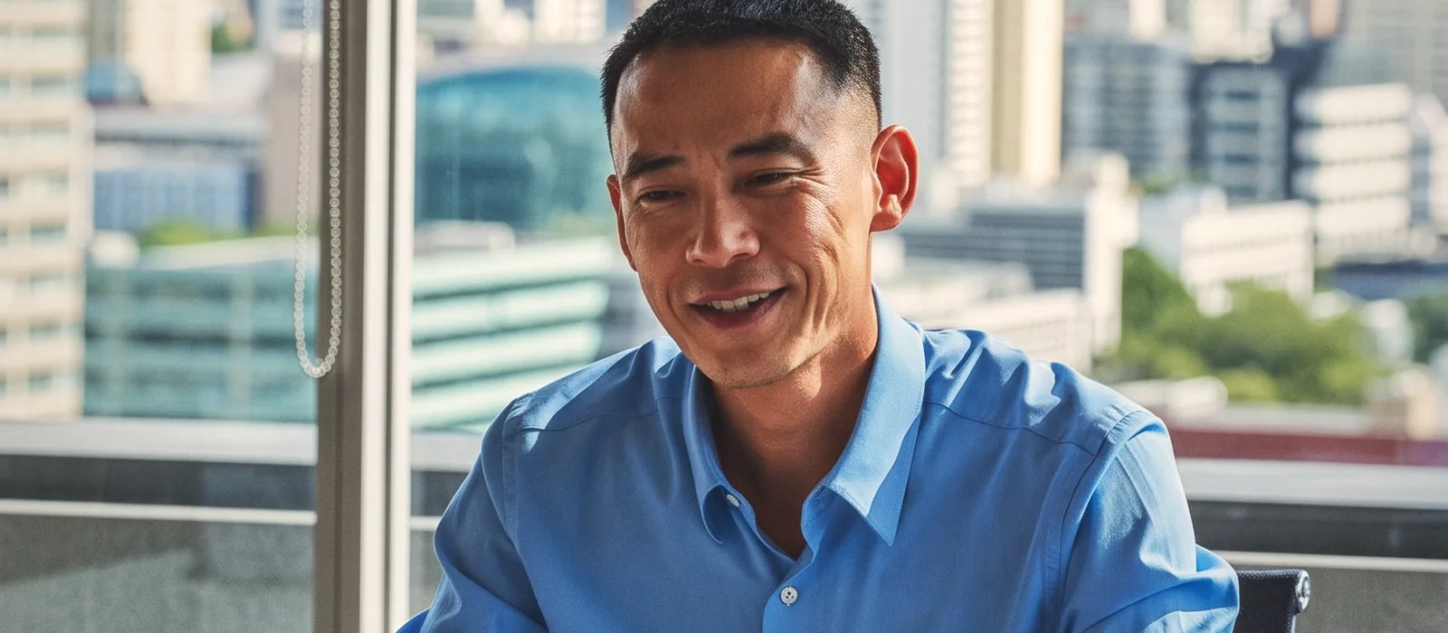 A man in a blue shirt speaking at a desk by an office window, city towers behind him.