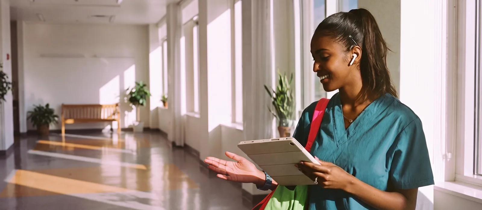 A nursing student in teal scrubs, one earbud in, speaking to her tablet in a sunlit hospital training ward.