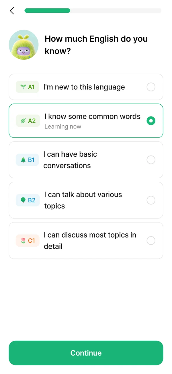Choosing your level in the language you&rsquo;re learning, from A1 to C1.