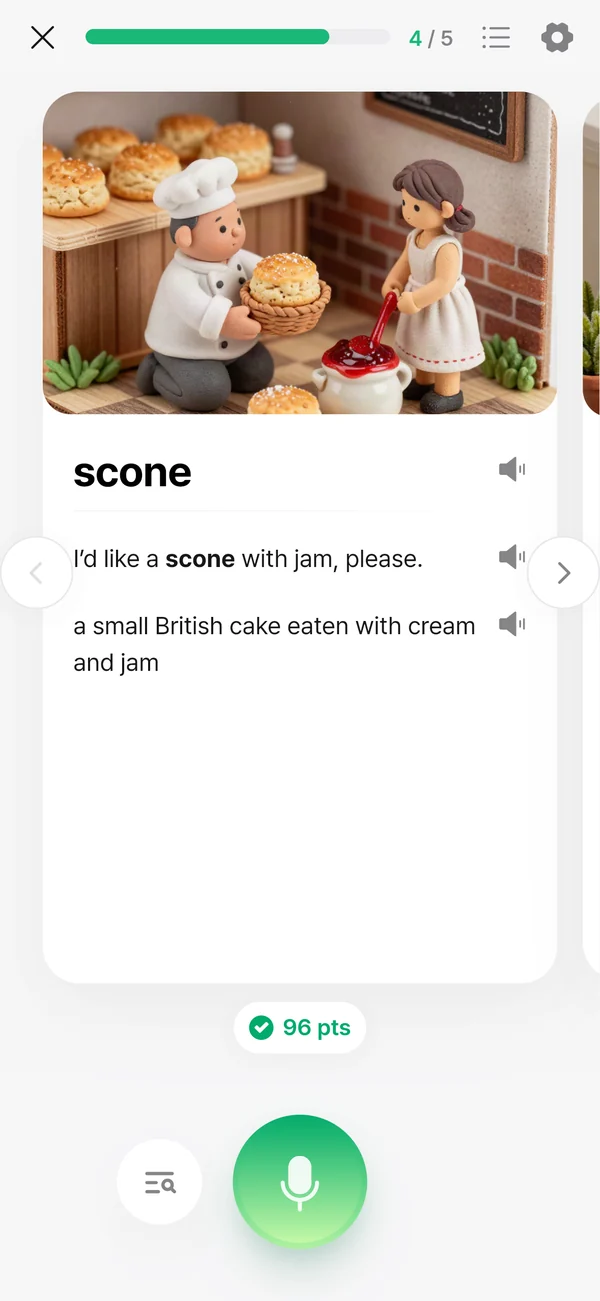 A vocabulary card from a London caf&eacute; lesson: scone, with the example &ldquo;I&rsquo;d like a scone with jam, please.&rdquo; to hear and say.