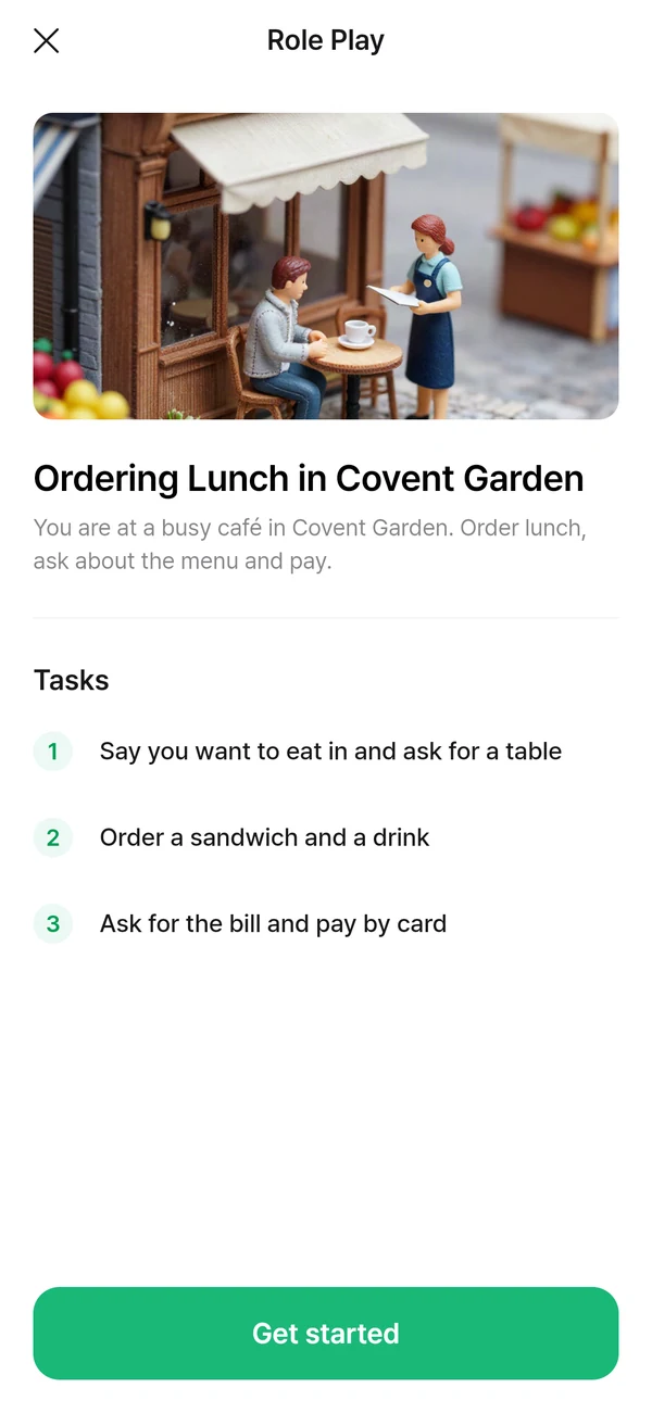 A role-play brief in the app: ordering lunch in a Covent Garden caf&eacute;, with three tasks to complete.