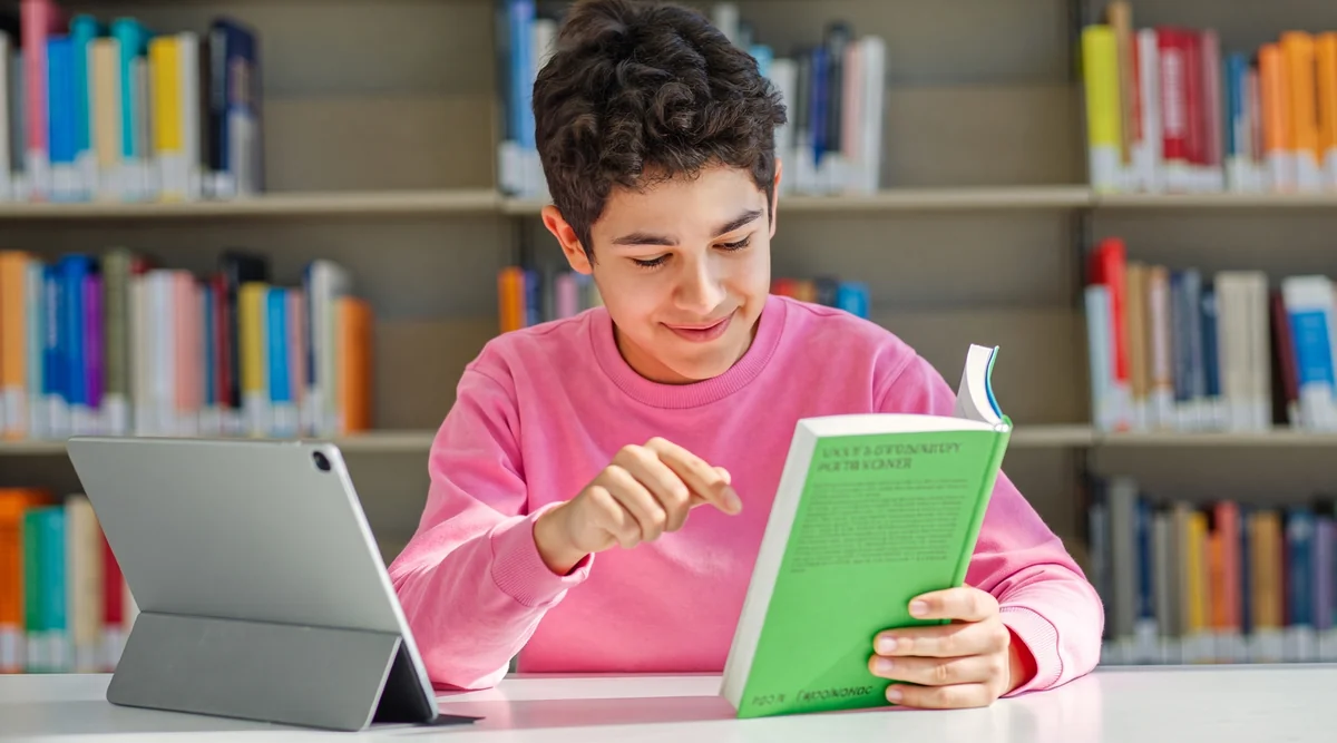 In a bright school library, a student reads his green English coursebook with a tablet beside him, smiling as he points to a line.