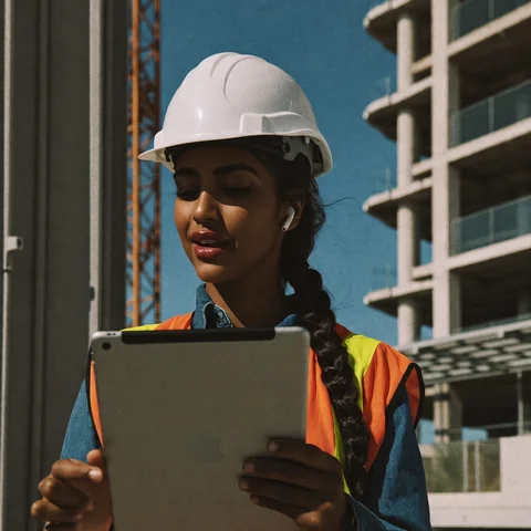 A site engineer in a white hard hat and orange vest reading a tablet at a construction site.
