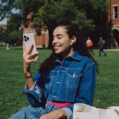 A young woman in a denim jacket smiling on a video call on her phone, sitting on a campus lawn.