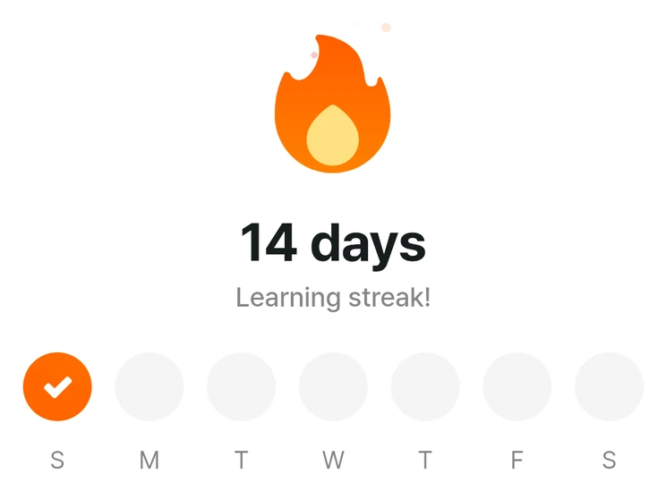 A student's learning streak in AvoLingo: 14 days, with this week's first day checked.