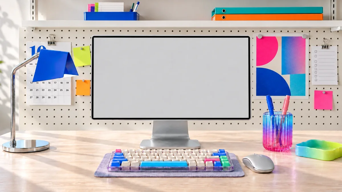 A bright desk with the AvoLingo teacher dashboard on the monitor, a wall calendar and a poster behind it, and a colourful keyboard and pen cup in front.