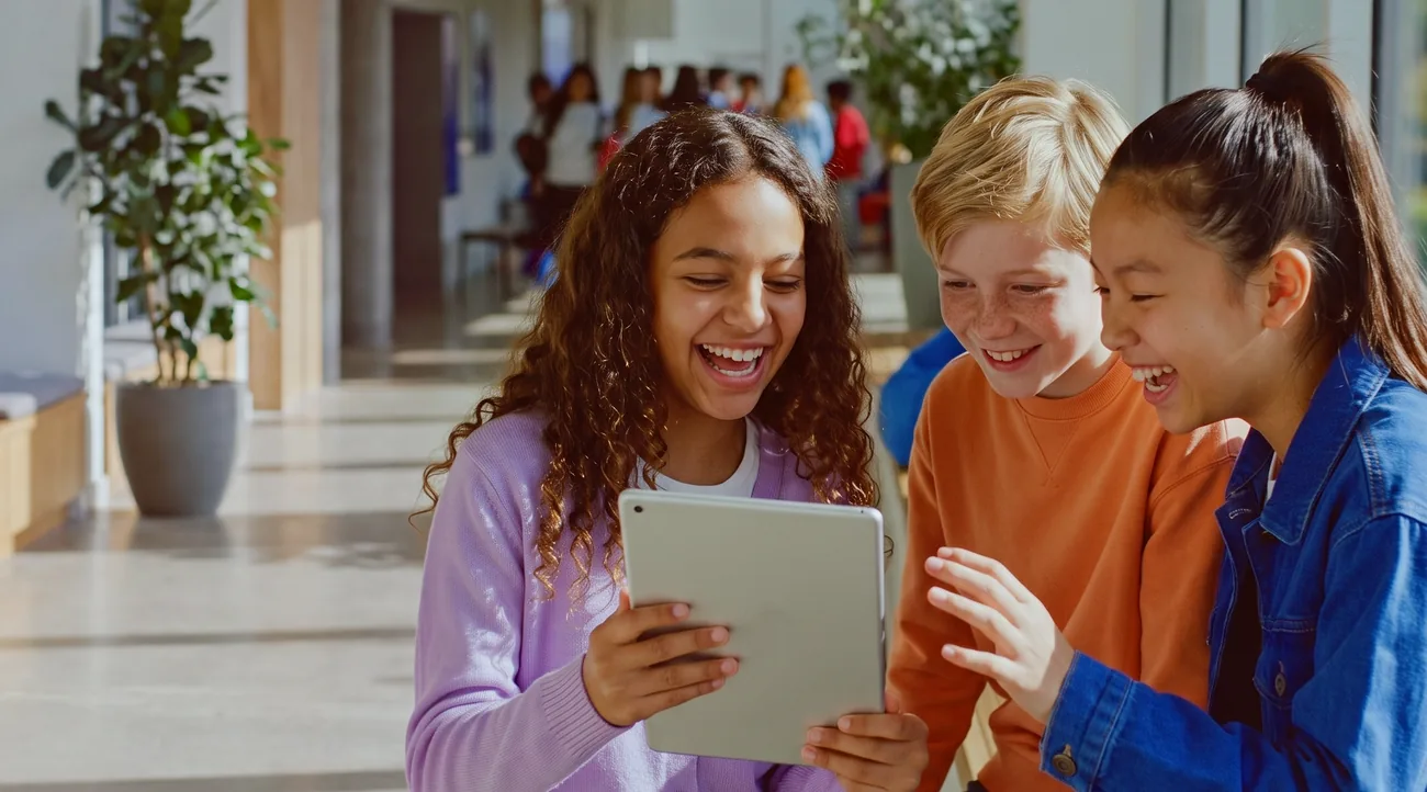 Three students at an international school laugh together over a tablet.