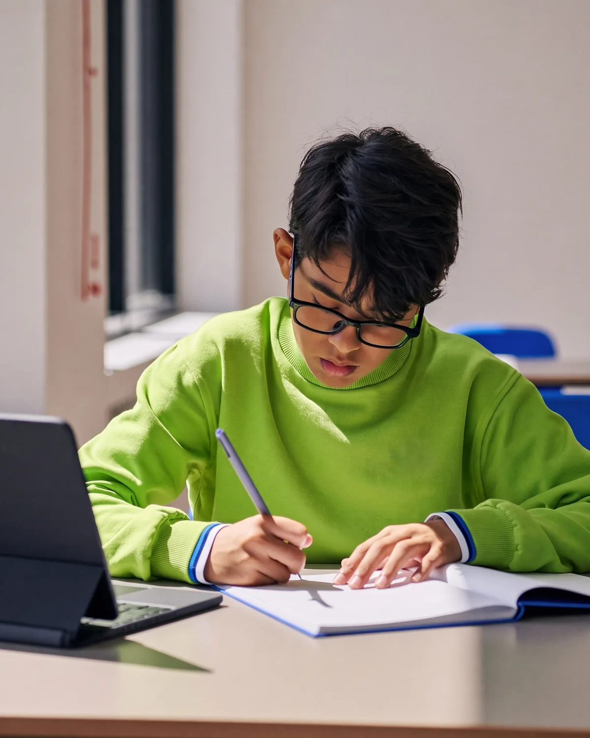 A student in a lime sweatshirt writes in his notebook, a tablet open beside him.