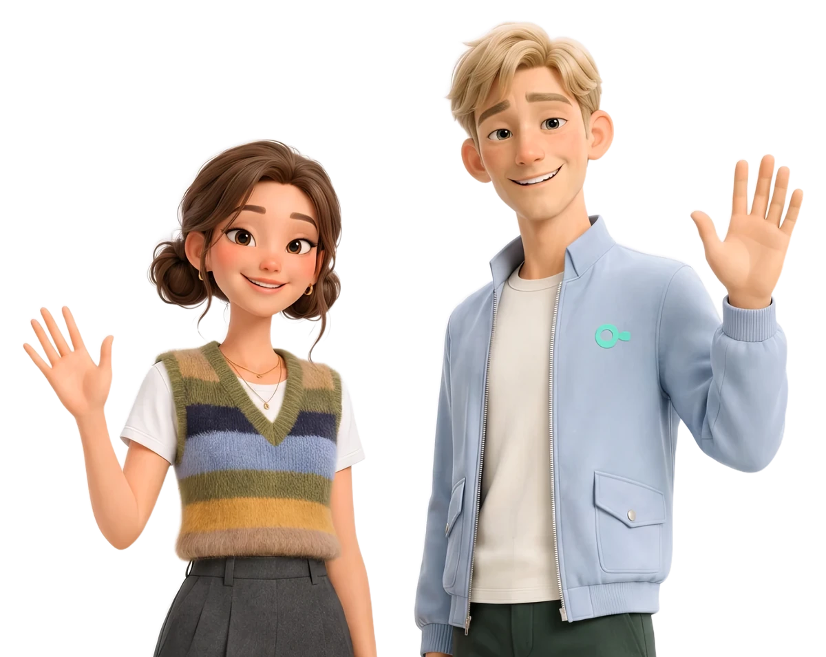 AvoLingo tutors Isabelle and Brad, waving hello.
