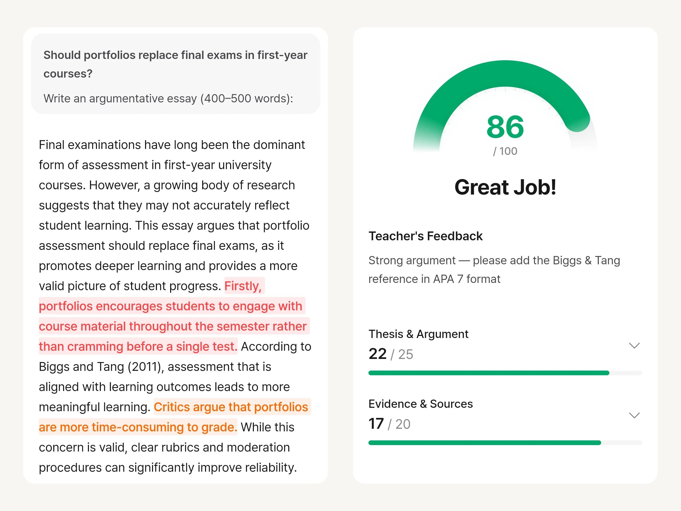 A student essay in the app with two sentences marked for correction, beside its evaluation screen showing a score, teacher feedback and rubric criteria.