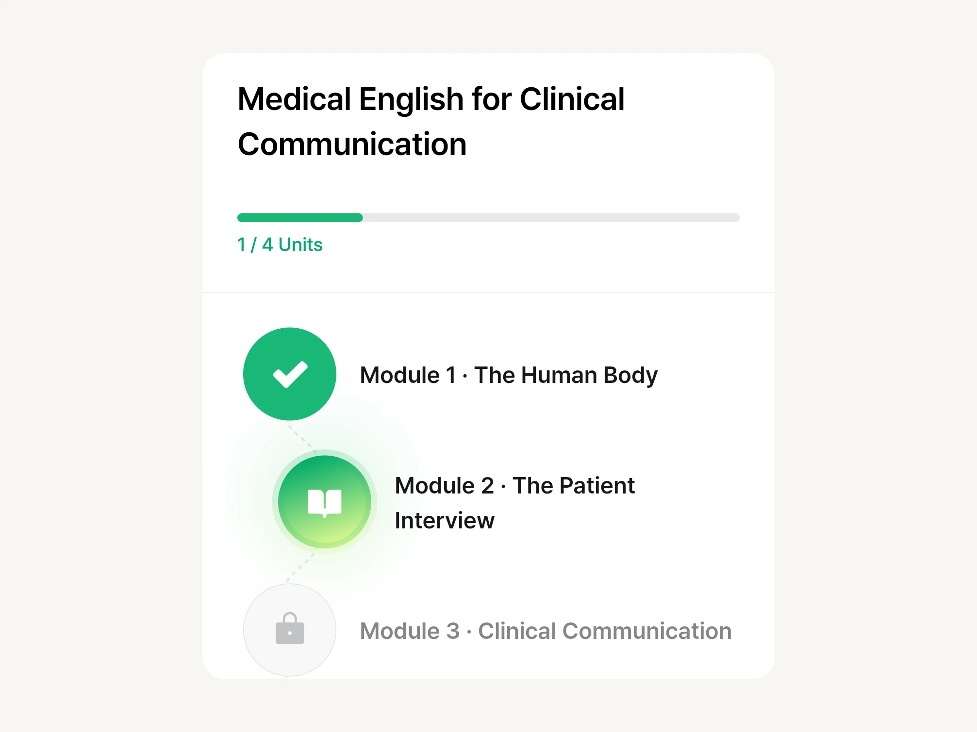 The app showing a Medical English course path: the course title, one unit of four complete, and modules that unlock in order.