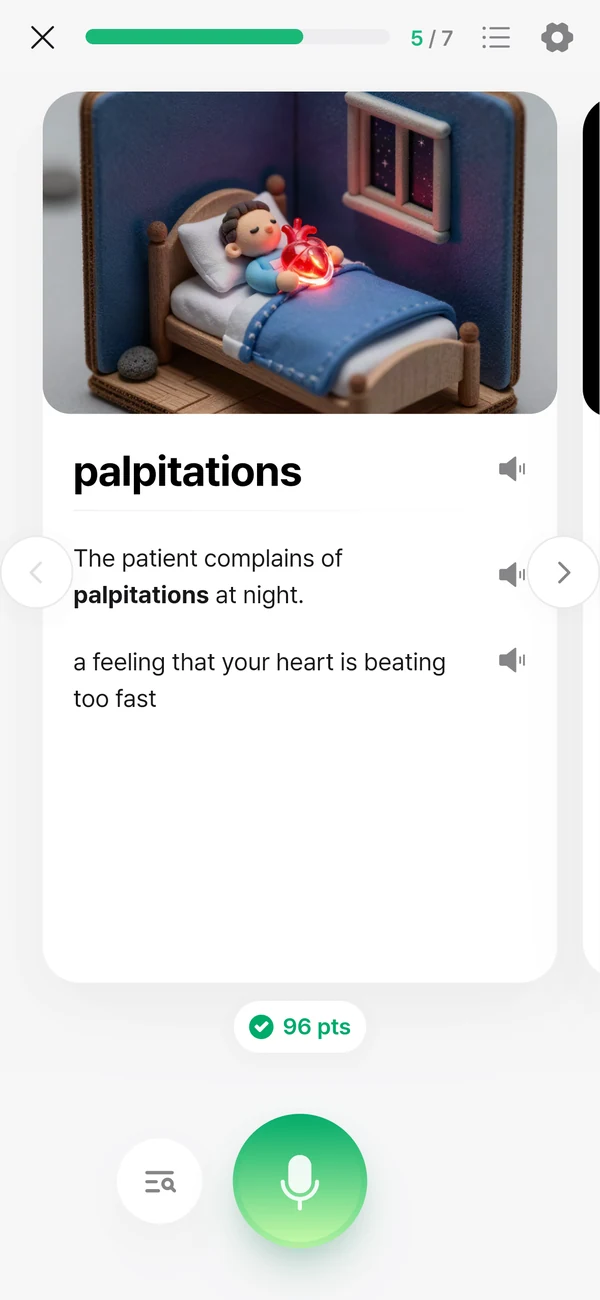 The vocabulary card for palpitations: a picture, the example &ldquo;The patient complains of palpitations at night.&rdquo; and its meaning, each line with a listen button.