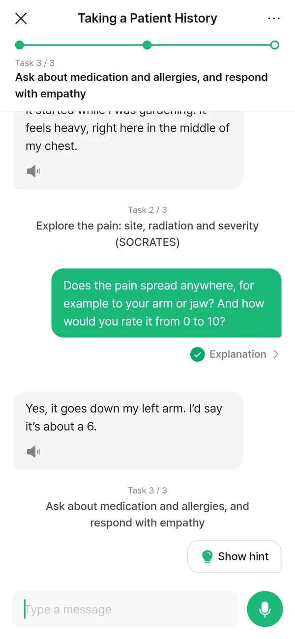 The role-play chat. Under the student&rsquo;s green bubble, &ldquo;Does the pain spread anywhere…&rdquo;, sits an Explanation link.