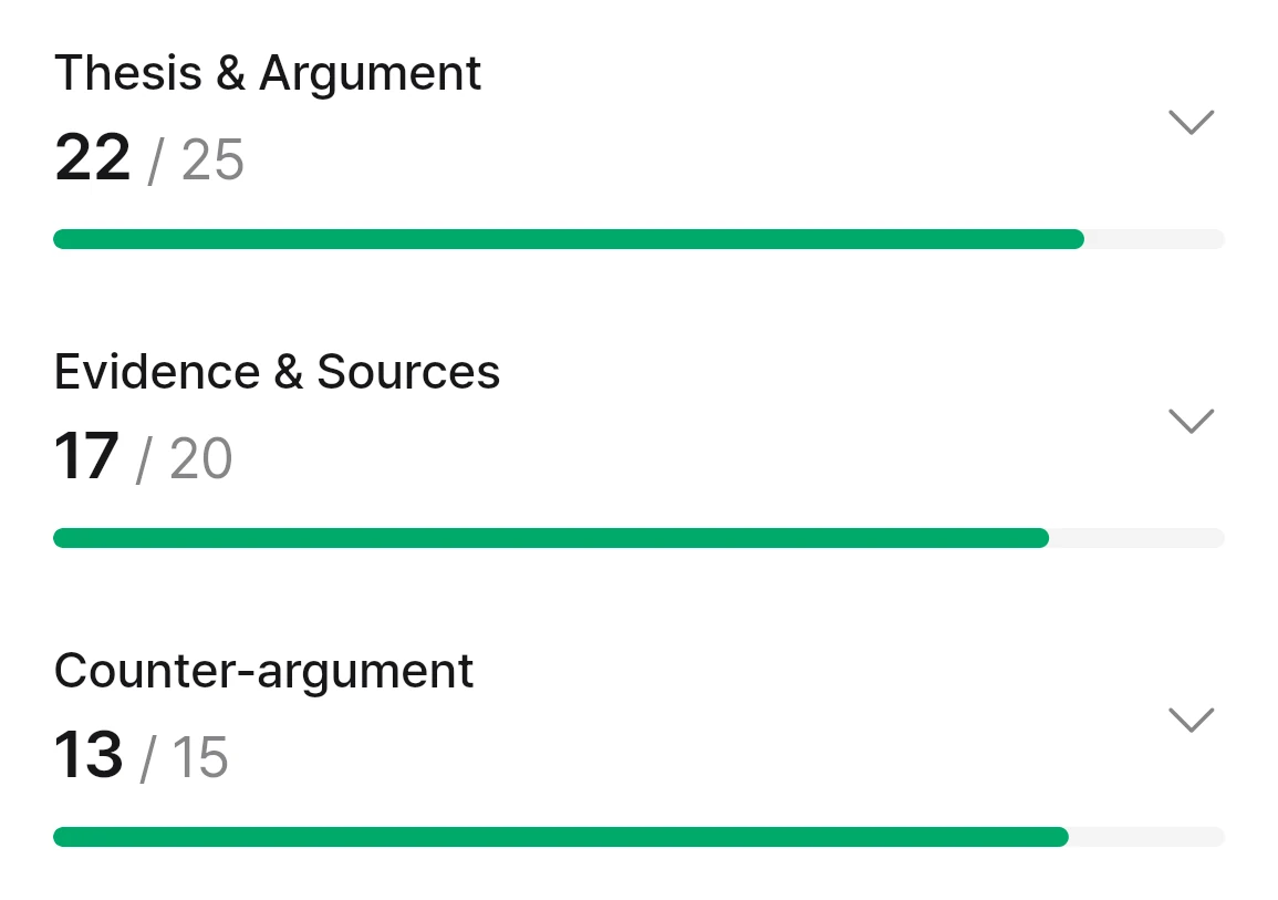 Scores by criterion: Thesis & Argument 22/25, Evidence & Sources 17/20, Counter-argument 13/15.