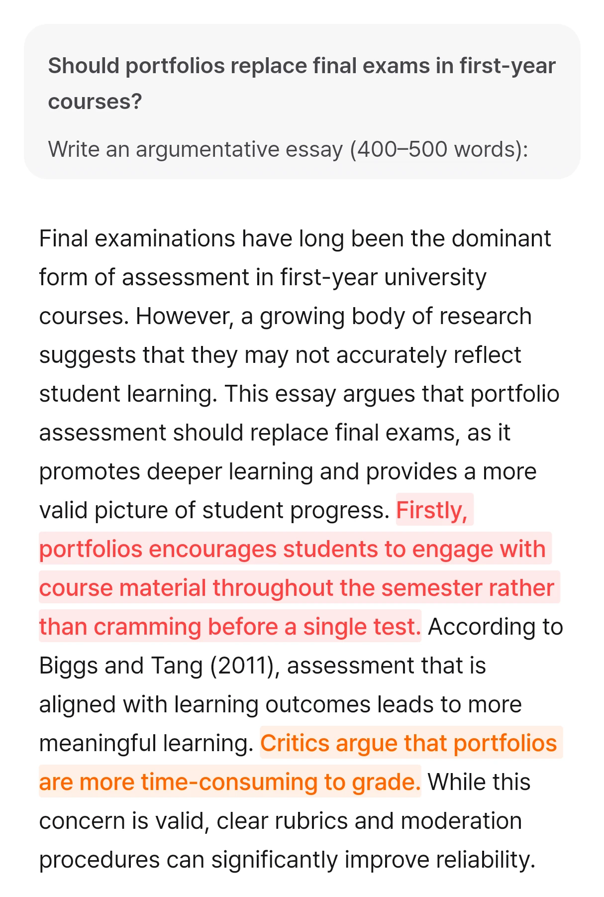 A student&rsquo;s argumentative essay with two sentences highlighted, one in red and one in orange.