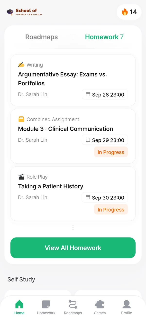 The assignment list on the app&rsquo;s home screen: an essay and a clinical communication module, each with a due date and status.