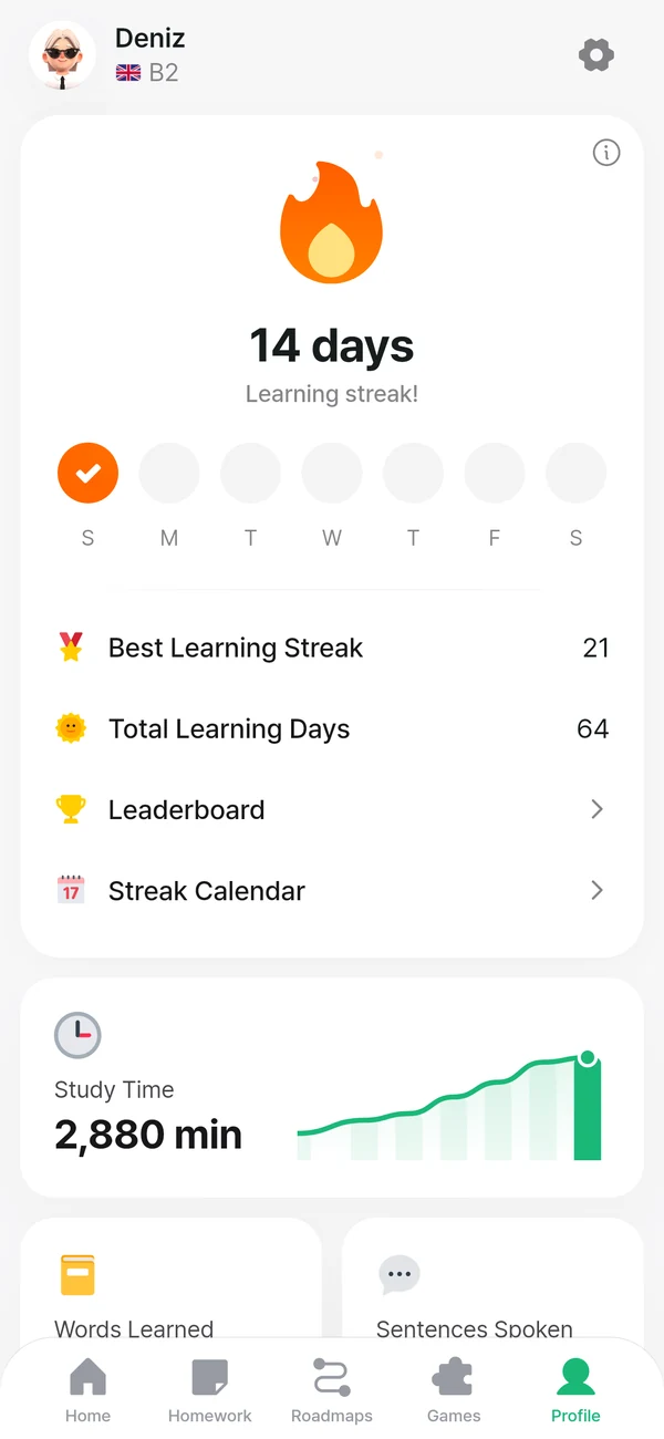 The profile screen: a 14-day streak, a best streak of 21 days and 64 study days in total.