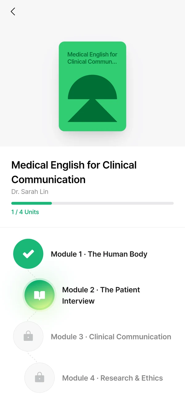 The Medical English for Clinical Communication roadmap: a progress bar at 1 of 4 units, and module 1 complete.