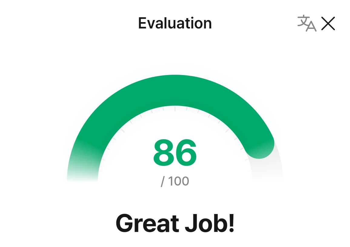 An assessment score of 86/100 with &ldquo;Great Job!&rdquo;